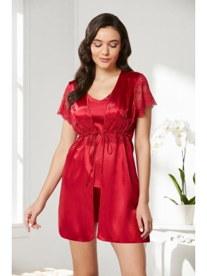 Pierre Cardin Saten Dantelli 3lü Şort Kombi Sabahlık Takımı 2480 - Kırmızı