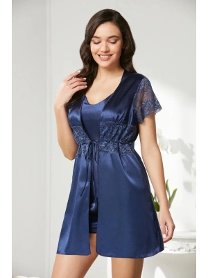 Pierre Cardin Saten Dantelli 3lü Şort Kombi Sabahlık Takımı 2480 - Lacivert