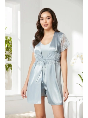 Pierre Cardin Saten Dantelli 3lü Şort Kombi Sabahlık Takımı 2480 - Mist