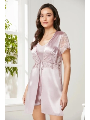 Pierre Cardin Saten Dantelli 3lü Şort Kombi Sabahlık Takımı 2480 - Rose
