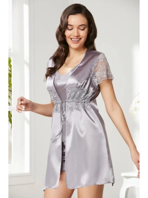 Pierre Cardin Saten Dantelli 3lü Şort Kombi Sabahlık Takımı 2480 - Royal