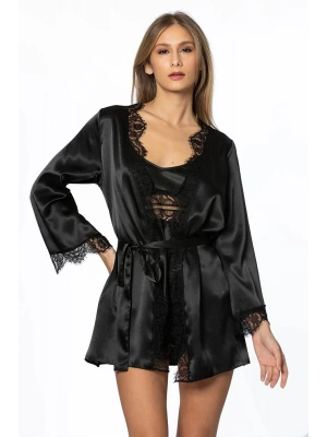 Pierre Cardin Saten Dantelli 3lü Şort Kombi Sabahlık Takımı 2490 - Siyah