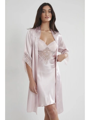 Pierre Cardin Saten Dantelli Gecelik ve Sabahlık Takımı 4240 - Pudra