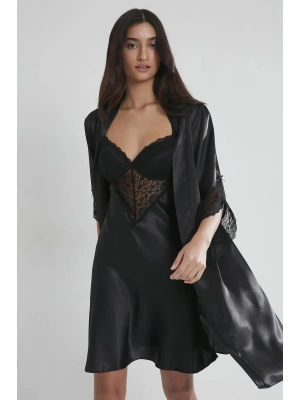 Pierre Cardin Saten Dantelli Gecelik ve Sabahlık Takımı 4240 - Siyah