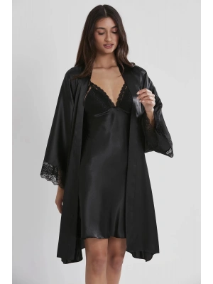 Pierre Cardin Saten Dantelli Gecelik ve Sabahlık Takımı 4250 - Siyah