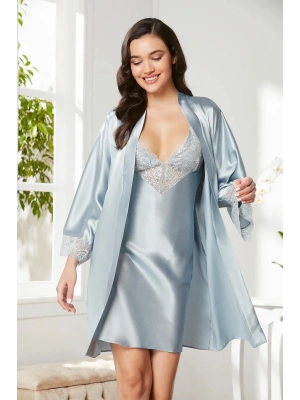 Pierre Cardin Saten Dantelli Gecelik ve Sabahlık Takımı 4280 - Mist