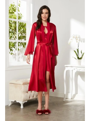 Pierre Cardin Saten Dantelli Gecelik Ve Sabahlık Takımı 4375 - Kırmızı