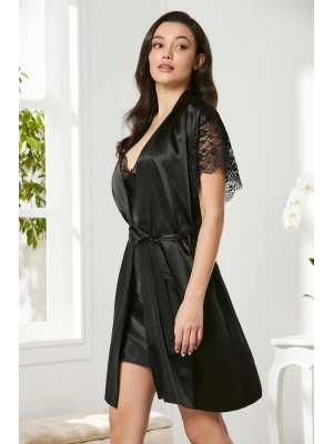 Pierre Cardin Saten Dantelli Gecelik ve Sabahlık Takımı 4438 - Siyah