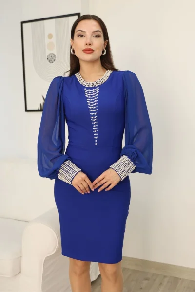 İnci Süsleme Detaylı Midi Abiye Elbise 2335-Saks
