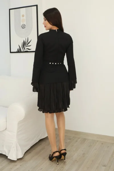 Büzgü Detaylı Kemerli Elbise 2338-Siyah