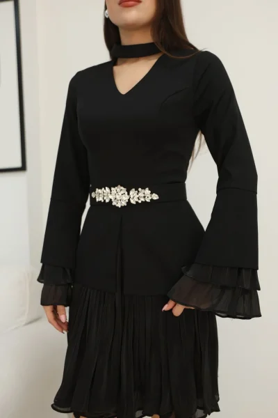 Büzgü Detaylı Kemerli Elbise 2338-Siyah