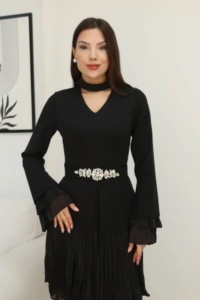 Büzgü Detaylı Kemerli Elbise 2338-Siyah