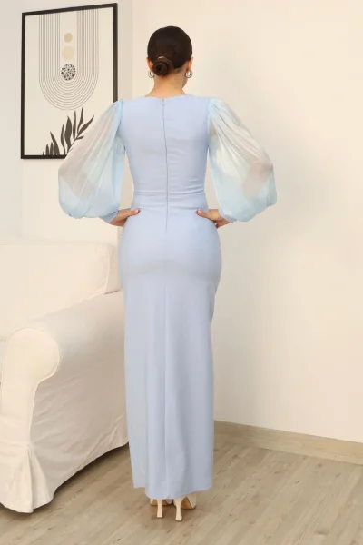 Taş Süslemeli Kare Yaka Balon Kol Yırtmaçlı Abiye Elbise 2345-Bebe Mavisi