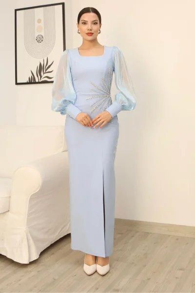 Taş Süslemeli Kare Yaka Balon Kol Yırtmaçlı Abiye Elbise 2345-Bebe Mavisi