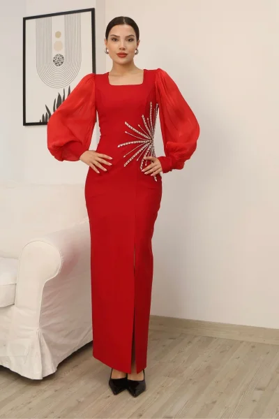Taş Süslemeli Kare Yaka Balon Kol Yırtmaçlı Abiye Elbise 2345-Kırmızı