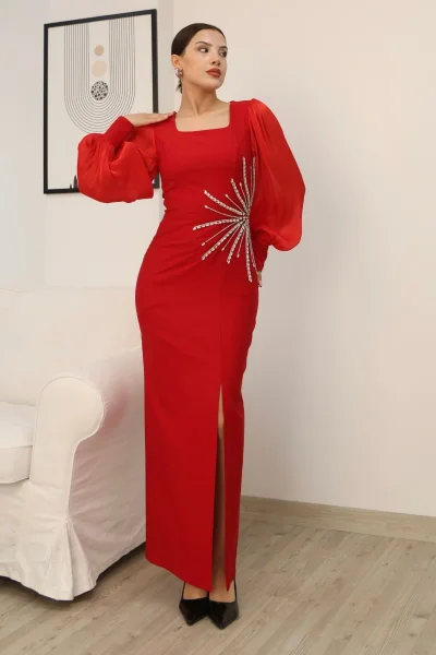 Taş Süslemeli Kare Yaka Balon Kol Yırtmaçlı Abiye Elbise 2345-Kırmızı