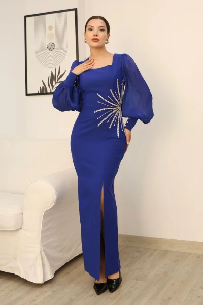 Taş Süslemeli Kare Yaka Balon Kol Yırtmaçlı Abiye Elbise 2345-Saks