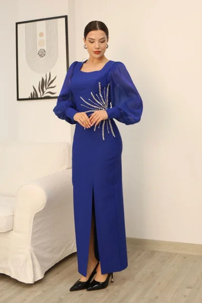 Taş Süslemeli Kare Yaka Balon Kol Yırtmaçlı Abiye Elbise 2345-Saks