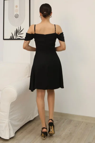 Drape Detaylı Askılı Midi Elbise 2380-Siyah