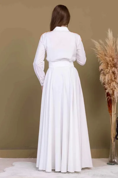 Bağlama Detaylı Boncuk İşlemeli Poplin Elbise 2723-Beyaz