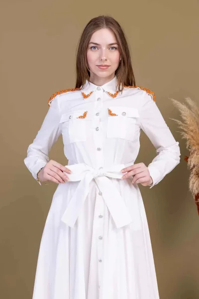 Bağlama Detaylı Boncuk İşlemeli Poplin Elbise 2723-Beyaz