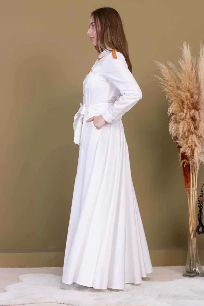 Bağlama Detaylı Boncuk İşlemeli Poplin Elbise 2723-Beyaz