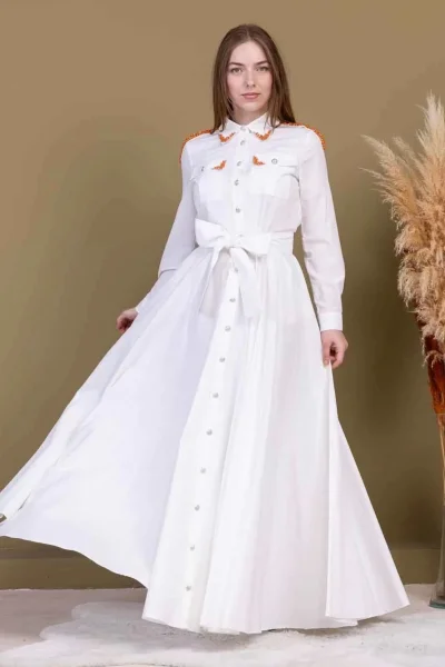 Bağlama Detaylı Boncuk İşlemeli Poplin Elbise 2723-Beyaz