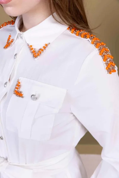 Bağlama Detaylı Boncuk İşlemeli Poplin Elbise 2723-Beyaz