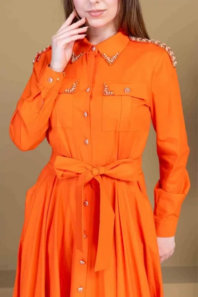 Bağlama Detaylı Boncuk İşlemeli Poplin Elbise 2723-Oranj