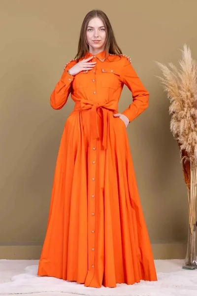 Bağlama Detaylı Boncuk İşlemeli Poplin Elbise 2723-Oranj