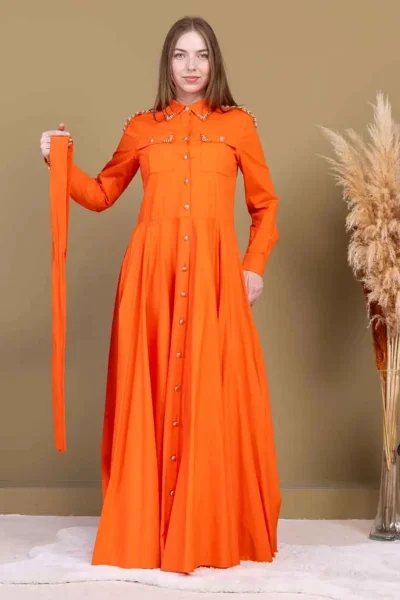 Bağlama Detaylı Boncuk İşlemeli Poplin Elbise 2723-Oranj