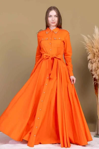 Bağlama Detaylı Boncuk İşlemeli Poplin Elbise 2723-Oranj