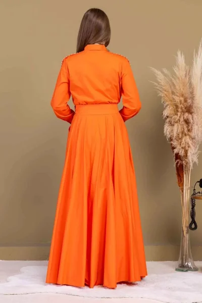 Bağlama Detaylı Boncuk İşlemeli Poplin Elbise 2723-Oranj
