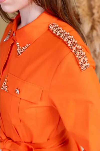Bağlama Detaylı Boncuk İşlemeli Poplin Elbise 2723-Oranj