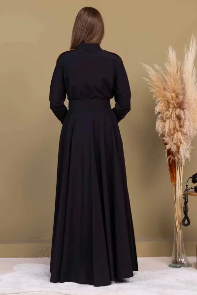 Bağlama Detaylı Boncuk İşlemeli Poplin Elbise 2723-Siyah