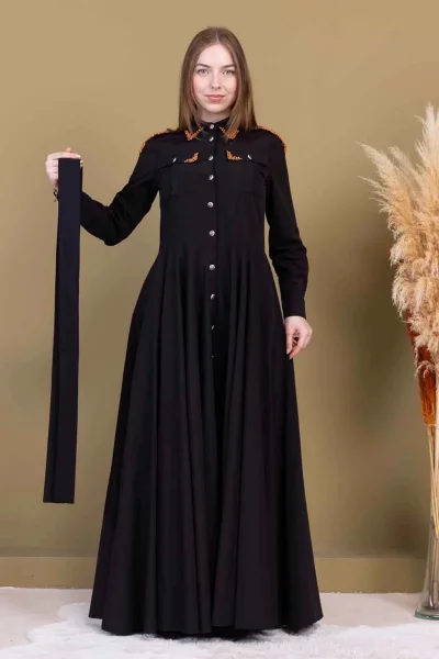 Bağlama Detaylı Boncuk İşlemeli Poplin Elbise 2723-Siyah