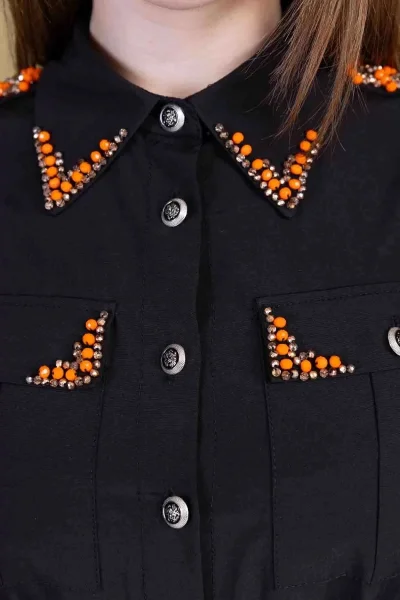 Bağlama Detaylı Boncuk İşlemeli Poplin Elbise 2723-Siyah