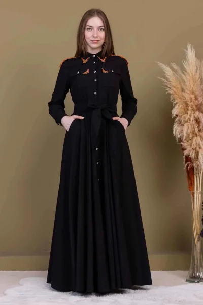 Bağlama Detaylı Boncuk İşlemeli Poplin Elbise 2723-Siyah