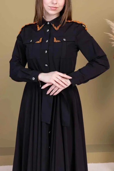 Bağlama Detaylı Boncuk İşlemeli Poplin Elbise 2723-Siyah