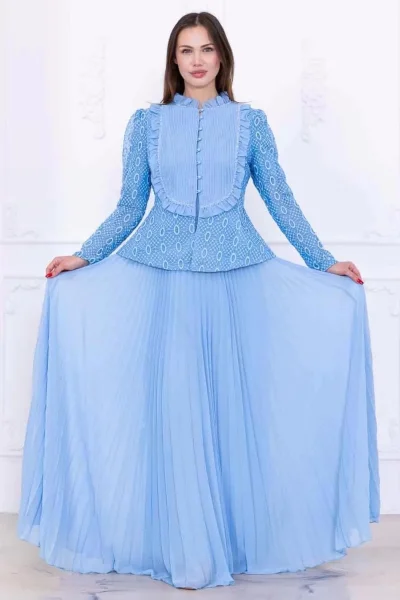 Dantelli Ceket ve Piliseli Elbiseli Şifon Abiye 2729-Bebe Mavisi