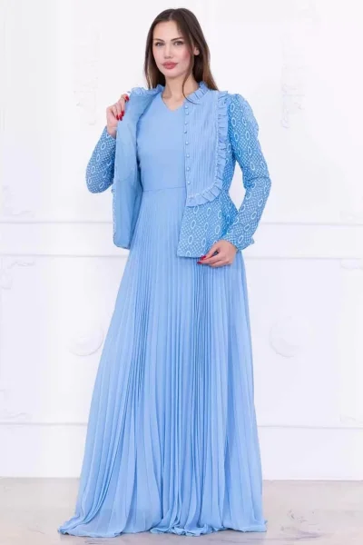 Dantelli Ceket ve Piliseli Elbiseli Şifon Abiye 2729-Bebe Mavisi