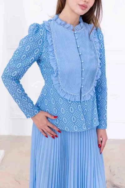 Dantelli Ceket ve Piliseli Elbiseli Şifon Abiye 2729-Bebe Mavisi