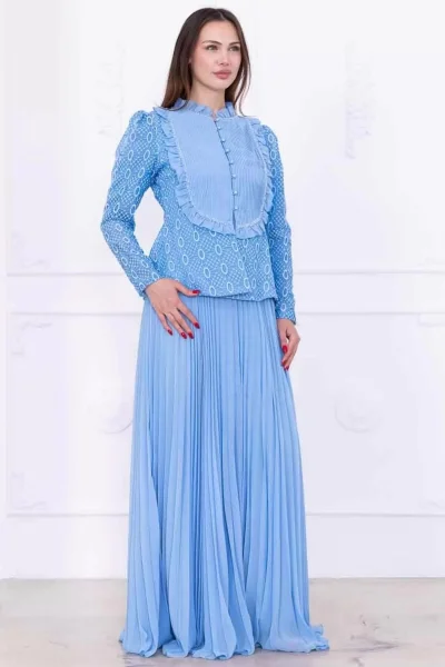 Dantelli Ceket ve Piliseli Elbiseli Şifon Abiye 2729-Bebe Mavisi