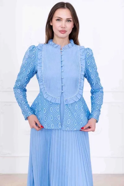 Dantelli Ceket ve Piliseli Elbiseli Şifon Abiye 2729-Bebe Mavisi