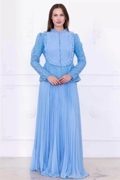 Dantelli Ceket ve Piliseli Elbiseli Şifon Abiye 2729-Bebe Mavisi