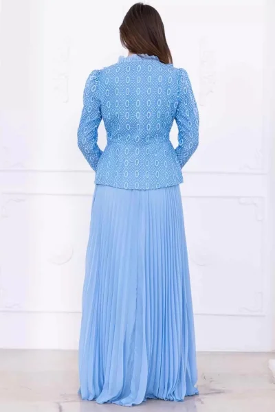 Dantelli Ceket ve Piliseli Elbiseli Şifon Abiye 2729-Bebe Mavisi