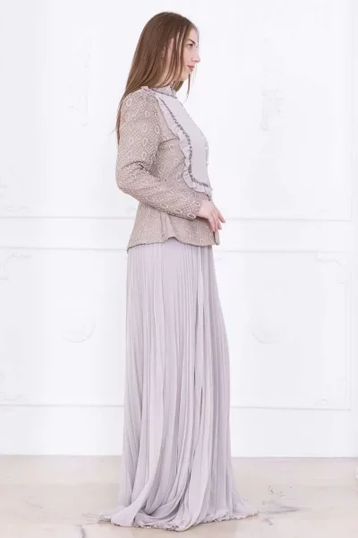 Dantelli Ceket ve Piliseli Elbiseli Şifon Abiye 2729-Bej