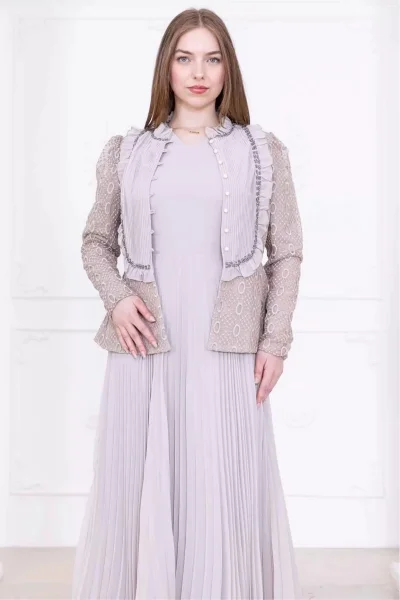 Dantelli Ceket ve Piliseli Elbiseli Şifon Abiye 2729-Bej