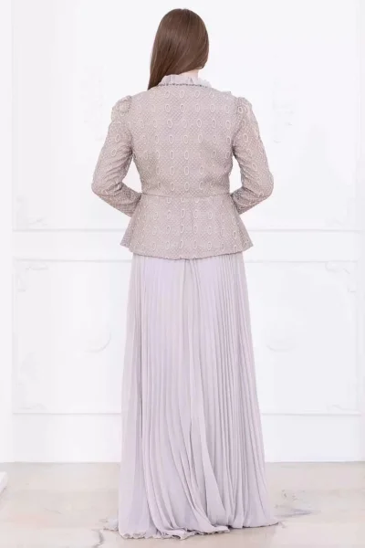Dantelli Ceket ve Piliseli Elbiseli Şifon Abiye 2729-Bej