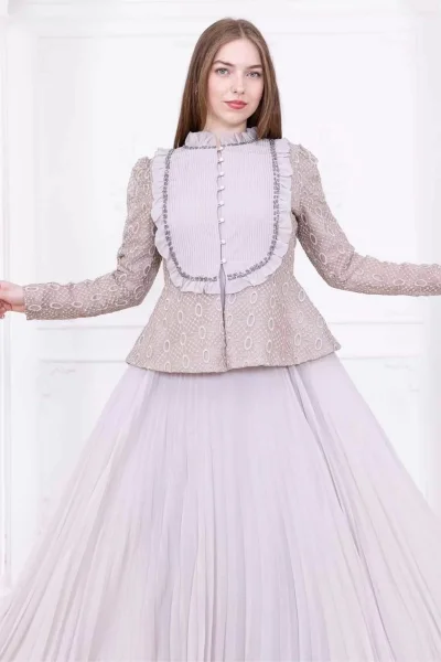 Dantelli Ceket ve Piliseli Elbiseli Şifon Abiye 2729-Bej